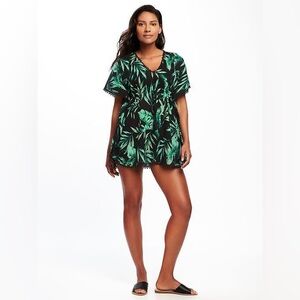 Old Navy Black and Green Tropical Palm Leaves Swim Coverup Dress Size Large